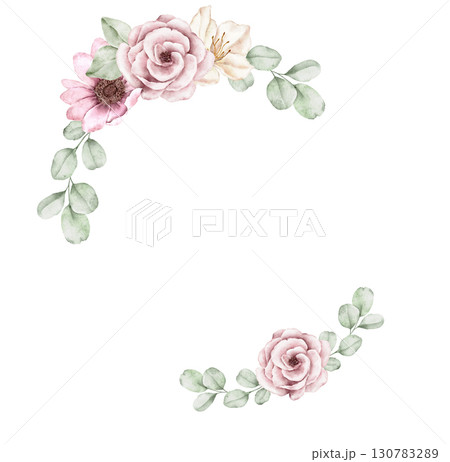Watercolor floral composition with pink blossoms, beige flowers, and soft green leaves, hand painted in delicate style. Part of a large floral bouquet set. Perfect for wedding invitation, greeting car 130783289