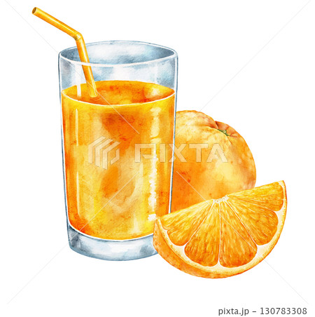 Watercolor glass of orange juice with straw, whole fruit and slices on white background. Fresh citrus drink illustration with bright artistic juicy detail. Watercolor glass of orange juice with straw, whole fruit and slices on white background. Fresh citrus drink illustration with bright artistic juicy detail. 130783308