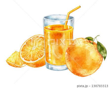 Watercolor glass of orange juice with straw, whole fruit and slices on white background. Fresh citrus drink illustration with bright artistic juicy detail. 130783313