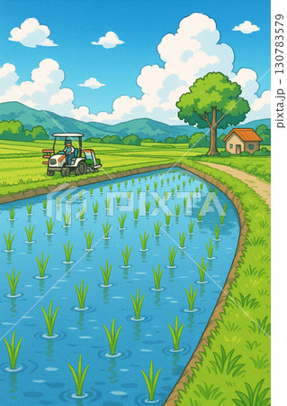 田植え直後の田んぼのマンガチックなイラスト 130783579
