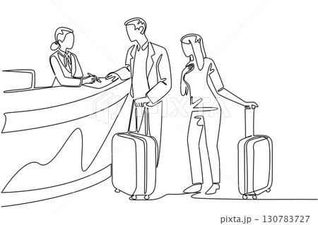 Single continuous line drawing a female receptionist is giving information to a husband and wife carrying suitcases. Provides room price info. Receptionist Day. One line design vector illustration 130783727