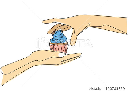 Continuous one line drawing give bubblegum cream cupcakes. Special cake with amazing secret recipe. Taste the pleasure. National Give Someone a Cupcake Day. Single line draw design vector illustration 130783729