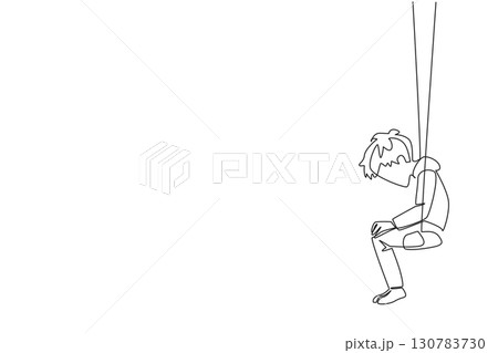 Continuous one line drawing boy sitting hunched over on a swing. His abilities make him friendless. Very lonely. Alone. Childhood Depression Awareness Day. Single line draw design vector illustration 130783730