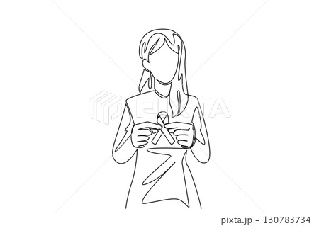 Single one line drawing a young woman holds a ribbon with both hands. Symbol of health. Inviting donations. More health concerns. Charity. World Lupus Day. Continuous line design graphic illustration 130783734