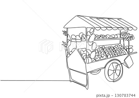Continuous one line drawing a cart with wheels, filled with various kinds of fruits. A mobile fruit stall. Fruit trader. Kiosk. National Small Business Day. Single line draw design vector illustration 130783744