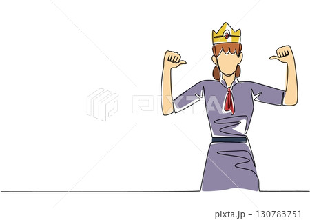 Single continuous line drawing a woman in casual clothes wearing a crown and pointing at herself with both thumbs. High self esteem. Success. Reward Yourself Day. One line design vector illustration 130783751