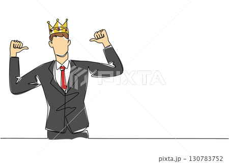 Continuous one line drawing a man in a suit and tie wearing a crown and pointing at himself with both thumbs up. Honorary title. Happy. Reward Yourself Day. Single line draw design vector illustration Continuous one line drawing a man in a suit and tie wearing a crown and pointing at himself with both thumbs up. Honorary title. Happy. Reward Yourself Day. Single line draw design vector illustration 130783752