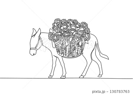 Single continuous line drawing donkey carrying a basket full of sunflowers. Sunflower seed farmer. Makes it easier during harvest season. Plant. World Donkey Day. One line design vector illustration Single continuous line drawing donkey carrying a basket full of sunflowers. Sunflower seed farmer. Makes it easier during harvest season. Plant. World Donkey Day. One line design vector illustration 130783763