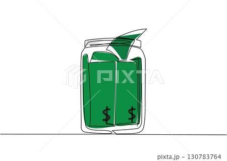 Single continuous line drawing some dollar bills in a jar. Sharing is fun. Donate to those who deserve it more. Banknotes. Donate a Wages of Day To Charity Day. One line design vector illustration Single continuous line drawing some dollar bills in a jar. Sharing is fun. Donate to those who deserve it more. Banknotes. Donate a Wages of Day To Charity Day. One line design vector illustration 130783764