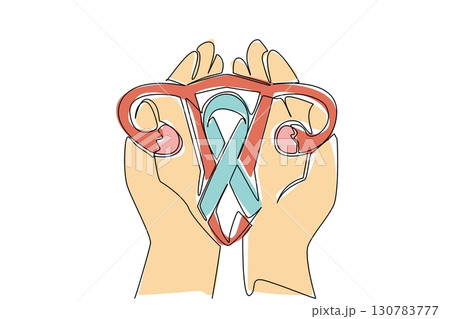 Single one line drawing open palm with uterus and campaign ribbon. Community concerned about internal organs of women. Charity. World Ovarian Cancer Day. Continuous line design graphic illustration 130783777