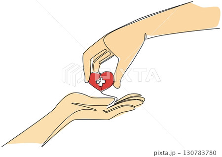 Single continuous line drawing hand is giving a heart with a plus sign in the middle to the other hand. Caring for each other. Donation. Love. World Red Cross Day. One line design vector illustration 130783780