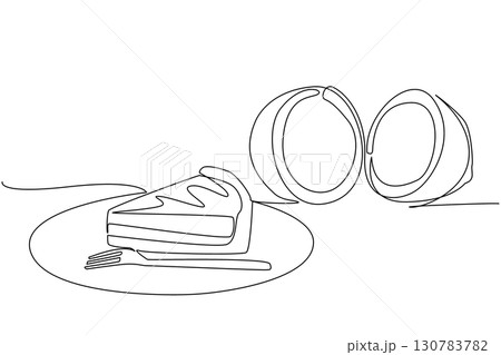 Single one line drawing coconut cream pie slices round black plate with fork. A sweet restaurant style dessert. Delicious. National Coconut Cream Pie Day. Continuous line design graphic illustration 130783782