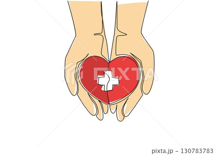 Single one line drawing open palm and there is a heart with a plus sign in the middle. Symbol of caring for others. Charity. Donate. World Red Cross Day. Continuous line design graphic illustration 130783783