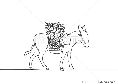 Continuous one line drawing a donkey carrying rattan basket filled with flowers on its back. Make it easier for farmers. Daily activities. World Donkey Day. Single line draw design vector illustration 130783787
