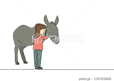 Single continuous line drawing girl is hugging donkey. Both are funny. Love livestock. Admire fighting spirit. Simple happiness. Friendly. Cute. World Donkey Day. One line design vector illustration Single continuous line drawing girl is hugging donkey. Both are funny. Love livestock. Admire fighting spirit. Simple happiness. Friendly. Cute. World Donkey Day. One line design vector illustration 130783800