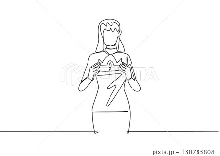 Single one line drawing a woman in casual clothes holds a crown with both hands. Struggle reaps the best results. Honorable mention. Reward Yourself Day. Continuous line design graphic illustration 130783808