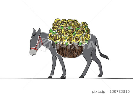 Single continuous line drawing donkey carrying a basket full of sunflowers. Sunflower seed farmer. Makes it easier during harvest season. Plant. World Donkey Day. One line design vector illustration 130783810