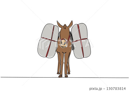 Single one line drawing donkey carrying stuff. Helping to carry stuff while climbing. Benefit for many people. Possible skills for hire. World Donkey Day. Continuous line design graphic illustration Single one line drawing donkey carrying stuff. Helping to carry stuff while climbing. Benefit for many people. Possible skills for hire. World Donkey Day. Continuous line design graphic illustration 130783814