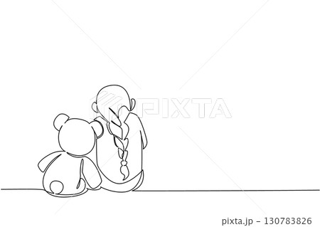 Continuous one line drawing girl sitting bowed on the floor accompanied by teddy bear. Sadness makes the uncomfortable. Childhood Depression Awareness Day. Single line draw design vector illustration Continuous one line drawing girl sitting bowed on the floor accompanied by teddy bear. Sadness makes the uncomfortable. Childhood Depression Awareness Day. Single line draw design vector illustration 130783826