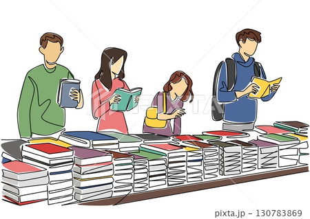 Single one line drawing a group of men and women standing choosing books among various piles of books. Cheap book market. Sell. National Small Business Day. Continuous line design graphic illustration Single one line drawing a group of men and women standing choosing books among various piles of books. Cheap book market. Sell. National Small Business Day. Continuous line design graphic illustration 130783869