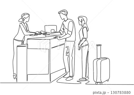 Single one line drawing a female receptionist is giving cards to a husband and wife visitor. Access card to enter the magnificent room. Receptionist Day. Continuous line design graphic illustration Single one line drawing a female receptionist is giving cards to a husband and wife visitor. Access card to enter the magnificent room. Receptionist Day. Continuous line design graphic illustration 130783880