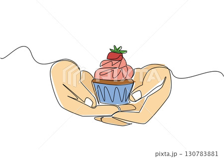 Single continuous line drawing hands holding cupcakes with strawberry topping. Presenting delicious sweet snacks. Culinary. National Give Someone a Cupcake Day. One line design vector illustration Single continuous line drawing hands holding cupcakes with strawberry topping. Presenting delicious sweet snacks. Culinary. National Give Someone a Cupcake Day. One line design vector illustration 130783881