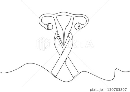 Single continuous line drawing campaign ribbon and uterus image. Raising public awareness to live healthier. Cancer can be prevented. World Ovarian Cancer Day. One line design vector illustration 130783897