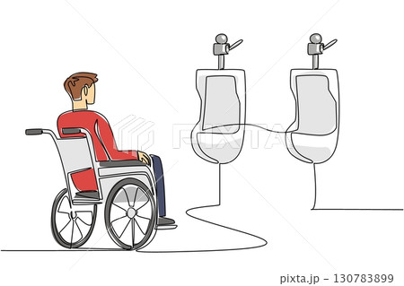 Single one line drawing a man sitting in a wheelchair looking at 2 urinals. A building that is not friendly to the disabled. National Barrier Awareness Day. Continuous line design graphic illustration Single one line drawing a man sitting in a wheelchair looking at 2 urinals. A building that is not friendly to the disabled. National Barrier Awareness Day. Continuous line design graphic illustration 130783899