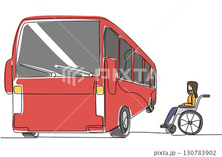 Continuous one line drawing woman sits in a wheelchair next to the bus and looks at the bus. Difficulties in modern times. National Barrier Awareness Day. Single line draw design vector illustration Continuous one line drawing woman sits in a wheelchair next to the bus and looks at the bus. Difficulties in modern times. National Barrier Awareness Day. Single line draw design vector illustration 130783902