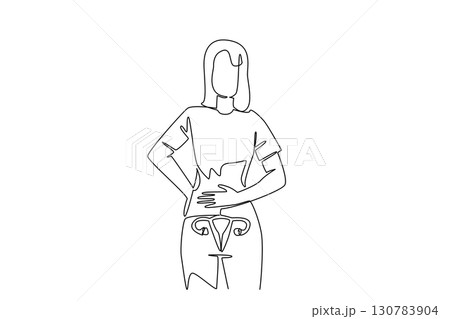 Continuous one line drawing a woman holds her stomach and waist. Pain that hopefully is not cancer. Get checked out soon. Healthy. World Ovarian Cancer Day. Single line draw design vector illustration 130783904