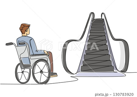 Single continuous line drawing a man sitting in a wheelchair and looking up at the escalator. Facing significant difficulties. National Barrier Awareness Day. One line design vector illustration Single continuous line drawing a man sitting in a wheelchair and looking up at the escalator. Facing significant difficulties. National Barrier Awareness Day. One line design vector illustration 130783920