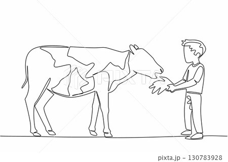 Single continuous line drawing a boy holds grass in his hand and gives it to the calf. Learn directly to the farm. Learn with the experts. National Open Farm Day. One line design vector illustration 130783928