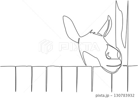 Single one line drawing donkey head comes out of wooden cage. A good cage for the comfort of livestock. Carefully maintained. Adorable. World Donkey Day. Continuous line design graphic illustration 130783932