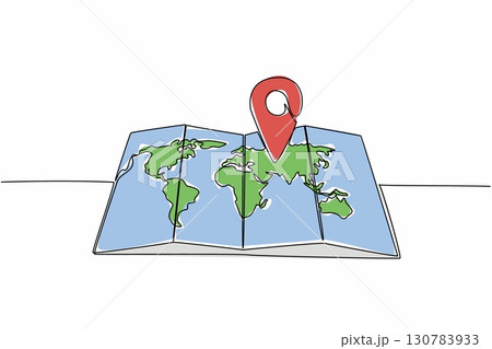 Single one line drawing pin location on paper map with world map. Search for destination points with a map. Convenience for travelers. National Tourism Day. Continuous line design graphic illustration 130783933