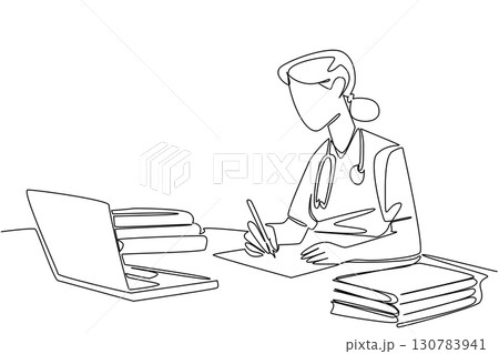 Continuous one line drawing female student nurse wearing stethoscope writing at desk. Final theory test online. Give the best. National Student Nurse Day. Single line draw design vector illustration 130783941