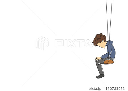 Continuous one line drawing boy sitting hunched over on a swing. His abilities make him friendless. Very lonely. Alone. Childhood Depression Awareness Day. Single line draw design vector illustration Continuous one line drawing boy sitting hunched over on a swing. His abilities make him friendless. Very lonely. Alone. Childhood Depression Awareness Day. Single line draw design vector illustration 130783951