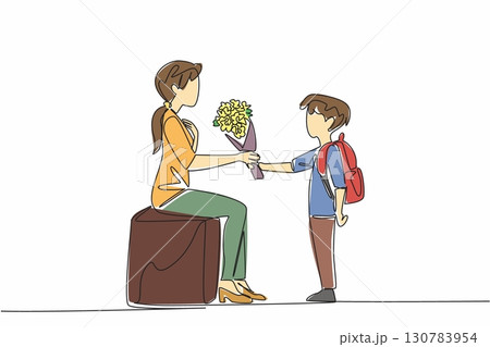 Single one line drawing a male student gives bouquet of flowers to the teacher sitting on bench. Second class promotion prize. National Day of Teacher. Continuous line design graphic illustration Single one line drawing a male student gives bouquet of flowers to the teacher sitting on bench. Second class promotion prize. National Day of Teacher. Continuous line design graphic illustration 130783954