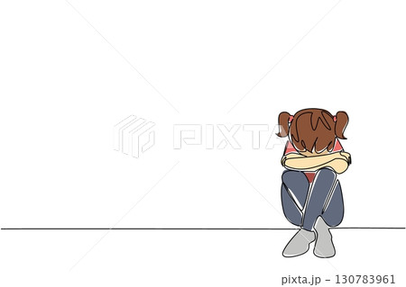 Single continuous line drawing girl sitting on the floor with her head bowed. Missing the love of parents very much. Loneliness. Childhood Depression Awareness Day. One line design vector illustration Single continuous line drawing girl sitting on the floor with her head bowed. Missing the love of parents very much. Loneliness. Childhood Depression Awareness Day. One line design vector illustration 130783961