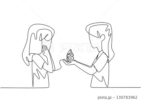 Single continuous line drawing the little girl gives strawberry topped cupcake to another girl. Cultivating friendship. Happy. National Give Someone a Cupcake Day. One line design vector illustration 130783962