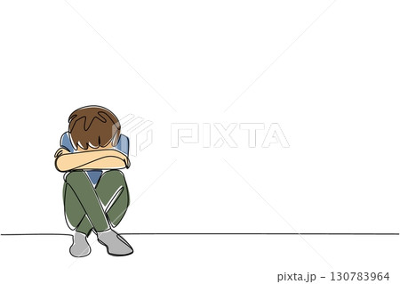 Single one line drawing boy sitting on the floor with head bowed. The worst sadness is failing to get the best grades. Childhood Depression Awareness Day. Continuous line design graphic illustration 130783964