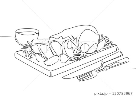 Single continuous line drawing slices of roast leg lamb on a square wooden chopping board. Add potatoes as carbohydrates. Delicious. National Roast Leg of Lamb. One line design vector illustration 130783967