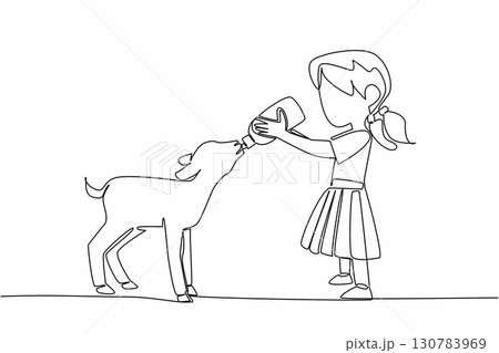 Single continuous line drawing girl holding a milk bottle in her hand and giving it to the lamb. The best milk for the growth of lambs. National Open Farm Day. One line design vector illustration Single continuous line drawing girl holding a milk bottle in her hand and giving it to the lamb. The best milk for the growth of lambs. National Open Farm Day. One line design vector illustration 130783969