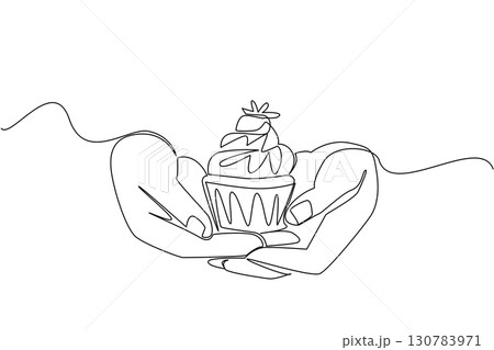 Single continuous line drawing hands holding cupcakes with strawberry topping. Presenting delicious sweet snacks. Culinary. National Give Someone a Cupcake Day. One line design vector illustration 130783971
