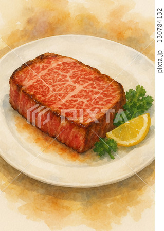高級霜降り和牛のステーキの水彩画風イラスト 130784132