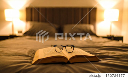 夜の寝室で読書・開かれた本とメガネ 130784177