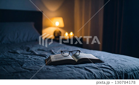 夜の寝室で読書・開かれた本とメガネ 130784178