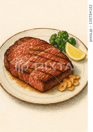 高級霜降り和牛のステーキの水彩画風イラスト 高級霜降り和牛のステーキの水彩画風イラスト 130784182