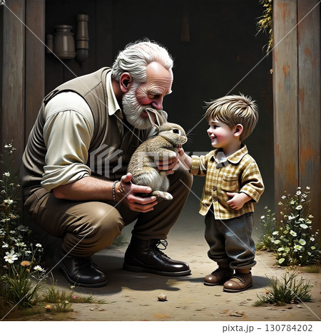 Grandpa and grandson sharing a moment with a bunny. Grandfather instills in his little grandson a love for animals. 130784202