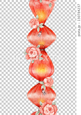 Watercolor seamless border pattern with red lanterns and oriental folding fans decorated with cherry blossoms. Ideal for textile, wrapping, invitations, banners, or festive designs 130784237