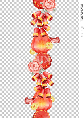 Watercolor seamless border pattern with red lanterns and oriental folding fans decorated with cherry blossoms. Ideal for textile, wrapping, invitations, banners, or festive designs 130784238